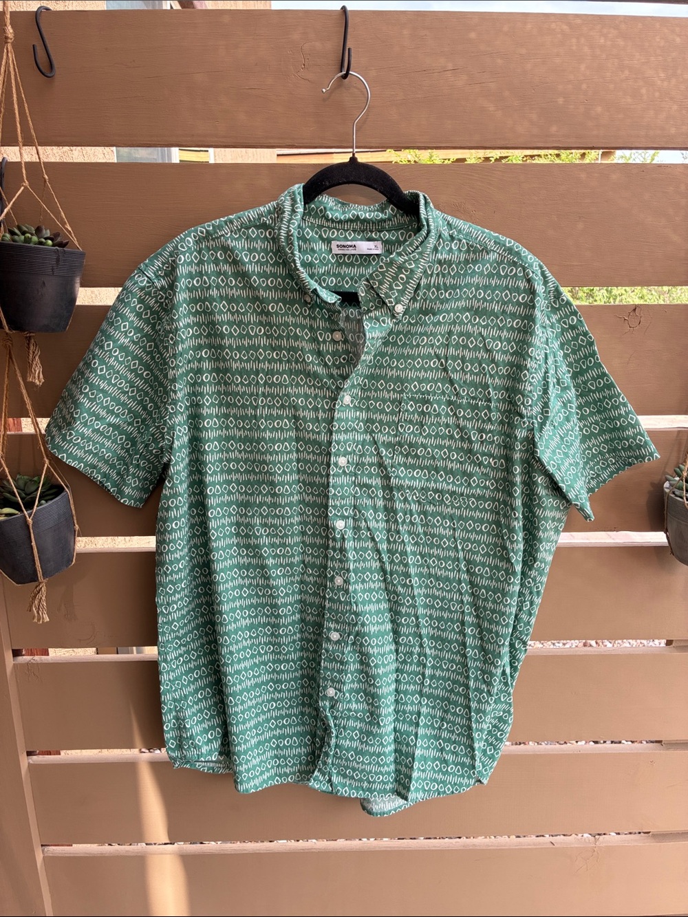 Sonoma Green Patterned Short-Sleeve Button-Down Shirt